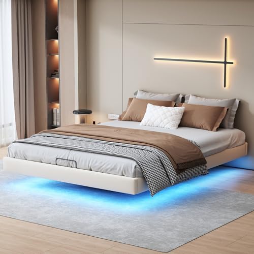 Bettgestell 160x200 mit LED Beleuchtung，Schwebender visueller Effekt, Bett 160x200 mit Lattenrost aus Metall， Schwebebett Bettrahmen Erwachsene mit Licht-Robust und Stabil,Leichte Montage (Beige) von QLTXYHML