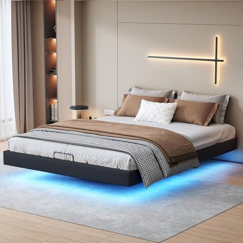 Bettgestell 160x200 mit LED Beleuchtung，Schwebender visueller Effekt, Bett 160x200 mit Lattenrost aus Metall， Schwebebett Bettrahmen Erwachsene mit Licht-Robust und Stabil,Leichte Montage (Schwarz) von QLTXYHML