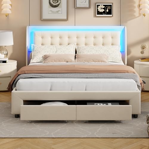 QLTXYHML Aufbewahrungsbett 160 x 200 cm, Polsterbett mit LED-Beleuchtung, Samtbezug, Bettgestell mit 2 Schubladen, Beige QLTXYHML Aufbewahrungsbett 160 x 200 cm, Polsterbett mit LED-Beleuchtung, Samtbezug, Bettgestell mit 2 Schubladen, Beige von QLTXYHML