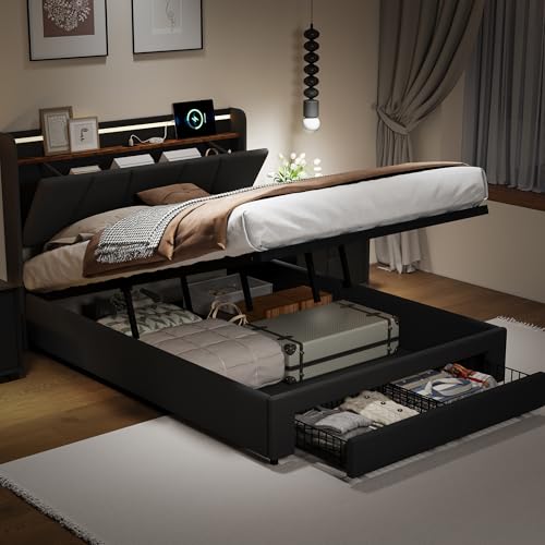 QLTXYHML Bett, 140 x 200 cm, aus Leinen, dunkelgrau, mit Lattenrost und Kopfteil, Stauraum unter dem Bett mit Doppelschublade, LED-Beleuchtung und integrierten USB-Anschlüssen, modernes und von QLTXYHML