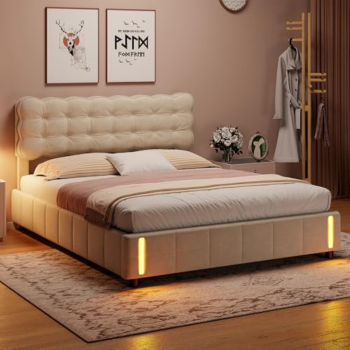 QLTXYHML Bett, Stauraum, 140 x 200 cm, Velours, Beige, mit hydraulischer Stauraum, Kopfteil mit LED-Beleuchtung und USB-Anschlüssen, modernes Design (140 x 200 cm) von QLTXYHML