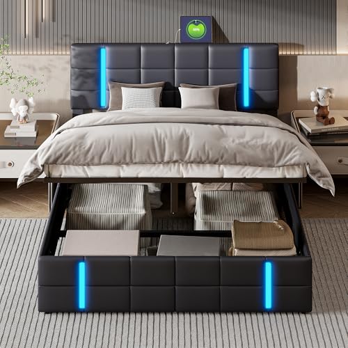 QLTXYHML Bett 140/160 x 200 cm, Polsterbett mit Stauraum, Doppelbettgestell mit LED-Beleuchtung & USB, Bettgestell mit Lattenrost, für Schlafzimmer, Gästezimmer, Kunstleder (160x200cm) von QLTXYHML