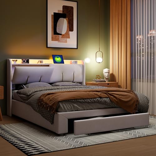 QLTXYHML Bett 140 x 200 cm mit Lattenrost und Stauraum, hydraulisches Bett mit LED-Beleuchtung und USB-Anschlüssen, Doppelbett aus Velours, Beige, mit Kopfteil, praktisch zur Aufbewahrung von QLTXYHML