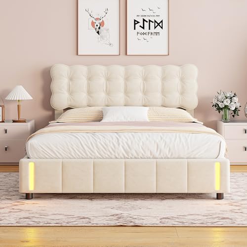 QLTXYHML Bett 140x200 cm Doppel -Samtbett mit USB -Anschluss und LED -Leuchten, Aufbewahrungsfach unter der Matratze am Kopf des Bettes,Beige Atmosphäre von QLTXYHML