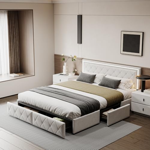 QLTXYHML Bett 140x200 mit Kopfteil und RGB LED, praktisches Polsterbett mit Stauraum und Schubladen, Elegantes PU-Bezug in Beige für Jugendzimmer (140X200) von QLTXYHML