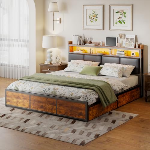 QLTXYHML Bett 160 x 200 cm mit Lattenrost, gepolstertem Kopfteil und LED-Beleuchtung, Bett mit Stauraum Schubladen und USB-Anschlüssen, moderner Stil, für Schlafzimmer (160 x 200 cm) von QLTXYHML