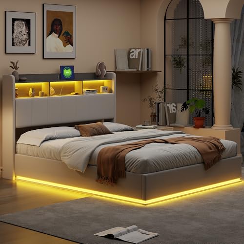 QLTXYHML Bett 160x200 cm Doppel -Samtbett mit USB -Anschluss und LED -Leuchten, Aufbewahrungsfach unter der Matratze am Kopf des Bettes, weiß von QLTXYHML