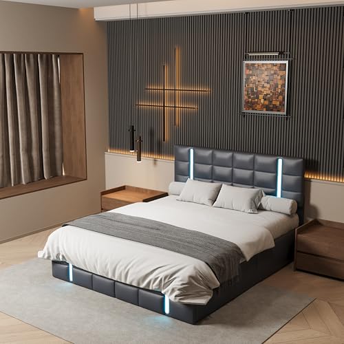 QLTXYHML Bett 160x200 cm mit LED Kopfteil, Polsterbett mit USB-Anschlüssen und Akrylatplatte – Schwarzes PU Material, Stauraumbett mit integriertem Beleuchtungssystem, Doppelbett für Schlafzimmer QLTXYHML Bett 160x200 cm mit LED Kopfteil, Polsterbett mit USB-Anschlüssen und Akrylatplatte – Schwarzes PU Material, Stauraumbett mit integriertem Beleuchtungssystem, Doppelbett für Schlafzimmer von QLTXYHML