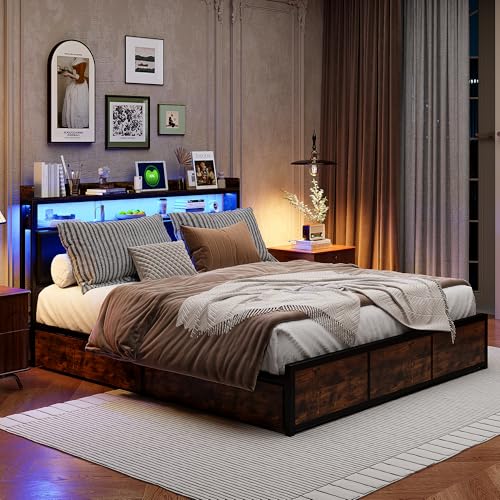 QLTXYHML Bett 180 x 200 cm mit Lattenrost, gepolstertem Kopfteil und mehrfarbiger LED-Beleuchtung, Bett mit Stauraum Schubladen und USB-Anschlüssen, moderner Stil, für Schlafzimmer (180 x 200 cm) von QLTXYHML