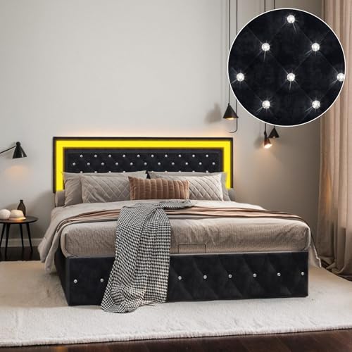 QLTXYHML Bett mit Bettkasten, 140 x 200 cm, mit Federrost, Kopfteil aus Samt, Beige, Aufbewahrung mit Zylindern und LED-Beleuchtung, RGB mit Fernbedienung (Schwarz, 140 x 200 cm) von QLTXYHML