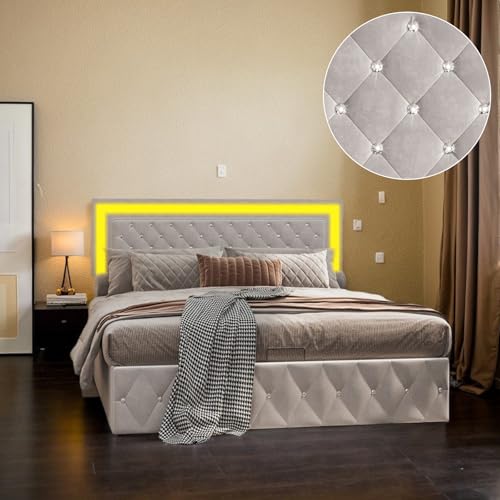 QLTXYHML Bett mit Bettkasten, 180 x 200 cm, mit Federrost, Kopfteil aus Samt, Beige und Beleuchtung mit RGB-LED, mit Fernbedienung QLTXYHML Bett mit Bettkasten, 180 x 200 cm, mit Federrost, Kopfteil aus Samt, Beige und Beleuchtung mit RGB-LED, mit Fernbedienung von QLTXYHML