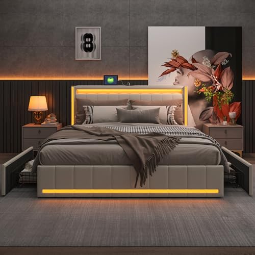 QLTXYHML Bett mit LED,Doppelbettgestell mit USB und Type-c, mit 4 Schubladen, Bett 140 x 200 cm, Kopfteil mit Stauraum, Bettrahmen mit Lattenrost, Leinen, beige QLTXYHML Bett mit LED,Doppelbettgestell mit USB und Type-c, mit 4 Schubladen, Bett 140 x 200 cm, Kopfteil mit Stauraum, Bettrahmen mit Lattenrost, Leinen, beige von QLTXYHML