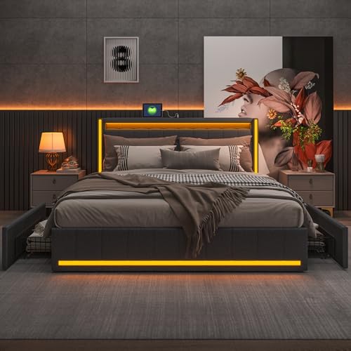 QLTXYHML Bett mit LED,Doppelbettgestell mit USB und Type-c, mit 4 Schubladen, Bett 160 x 200 cm, Kopfteil mit Stauraum, Bettrahmen mit Lattenrost, Leinen, dunkelgrau QLTXYHML Bett mit LED,Doppelbettgestell mit USB und Type-c, mit 4 Schubladen, Bett 160 x 200 cm, Kopfteil mit Stauraum, Bettrahmen mit Lattenrost, Leinen, dunkelgrau von QLTXYHML