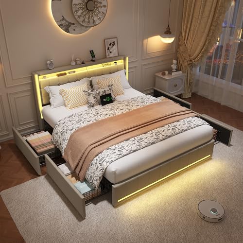 QLTXYHML Bett mit LED,mit 4 Schubladen,Doppelbettgestell mit USB und Type-c, Bett 160 x 200 cm, Kopfteil mit Stauraum, Bettrahmen mit Lattenrost, Leinen, beige QLTXYHML Bett mit LED,mit 4 Schubladen,Doppelbettgestell mit USB und Type-c, Bett 160 x 200 cm, Kopfteil mit Stauraum, Bettrahmen mit Lattenrost, Leinen, beige von QLTXYHML