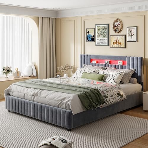 QLTXYHML Bett mit LED-beleuchtetes, Polsterbett 160x200 cm, Doppelbettgestell mit Staufächern und Lattenrost, modernes Bettgestell Samtstoff, grau QLTXYHML Bett mit LED-beleuchtetes, Polsterbett 160x200 cm, Doppelbettgestell mit Staufächern und Lattenrost, modernes Bettgestell Samtstoff, grau von QLTXYHML