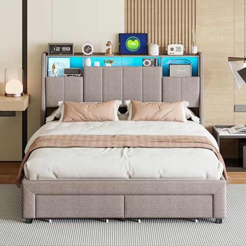 QLTXYHML Bett mit LED und USB, mit 2 Schubladen, Bett 160 x 200 cm, Kopfteil mit Stauraum, Bettrahmen mit Lattenrost, Leinen, grau QLTXYHML Bett mit LED und USB, mit 2 Schubladen, Bett 160 x 200 cm, Kopfteil mit Stauraum, Bettrahmen mit Lattenrost, Leinen, grau von QLTXYHML