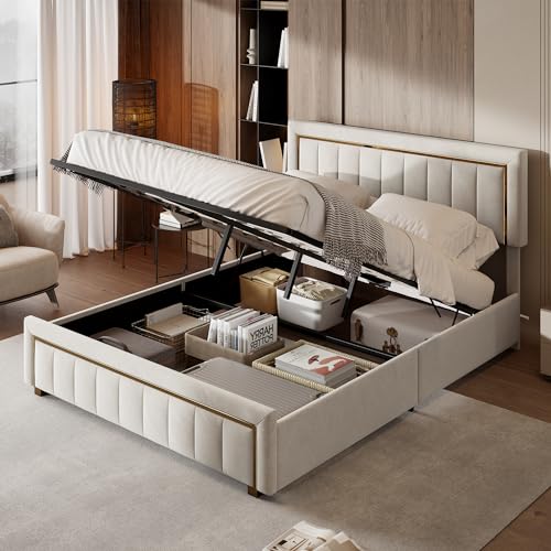 QLTXYHML Bettgestell, 140 x 200 cm, Velours, Beige, mit gepolstertem Kopfteil und elegantem Goldrand QLTXYHML Bettgestell, 140 x 200 cm, Velours, Beige, mit gepolstertem Kopfteil und elegantem Goldrand von QLTXYHML