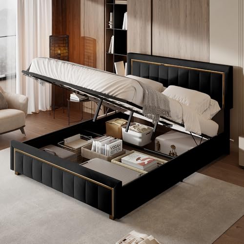 QLTXYHML Bettgestell, 160 x 200 cm, Velours, Beige, mit gepolstertem Kopfteil und elegantem Goldrand QLTXYHML Bettgestell, 160 x 200 cm, Velours, Beige, mit gepolstertem Kopfteil und elegantem Goldrand von QLTXYHML