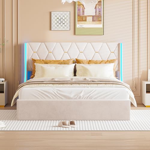 QLTXYHML Bettgestell, Doppelbettgestell, 140 x 200 cm, Bett mit LED-Beleuchtung, Bett mit Stauraum, hohem Kopfteil,modern, Samt weiß QLTXYHML Bettgestell, Doppelbettgestell, 140 x 200 cm, Bett mit LED-Beleuchtung, Bett mit Stauraum, hohem Kopfteil,modern, Samt weiß von QLTXYHML