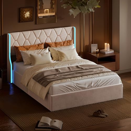 QLTXYHML Bettgestell, Doppelbettgestell, 160 x 200 cm, Bett mit LED-Beleuchtung, Bett mit Stauraum, hohem Kopfteil,modern, Samt weiß QLTXYHML Bettgestell, Doppelbettgestell, 160 x 200 cm, Bett mit LED-Beleuchtung, Bett mit Stauraum, hohem Kopfteil,modern, Samt weiß von QLTXYHML