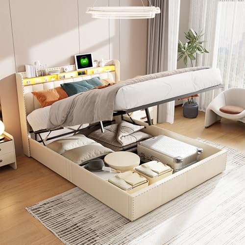QLTXYHML Bettgestell, Doppelbettgestell 140 x 200 cm, Bett mit LED-Beleuchtung und USB, Bett mit Stauraum,Nietdekoration modern, Samt Beige QLTXYHML Bettgestell, Doppelbettgestell 140 x 200 cm, Bett mit LED-Beleuchtung und USB, Bett mit Stauraum,Nietdekoration modern, Samt Beige von QLTXYHML