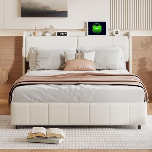 QLTXYHML Bettgestell，Bed Frame mit Stauraum，Polsterbett mit 4 Schublade，Bett mit USB und Type-c，Kopfteil mit Seitentaschen,für Schlafzimmer, Gästezimmer,Kunstleder Weiß (140x200cm) von QLTXYHML