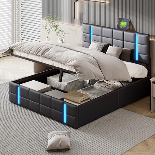 QLTXYHML Bettgestell 160 x 200 cm, Doppelbettgestell mit 2 USB, Bett mit LED-Beleuchtung, Polsterbett mit Stauraum,Kunstleder schwarz QLTXYHML Bettgestell 160 x 200 cm, Doppelbettgestell mit 2 USB, Bett mit LED-Beleuchtung, Polsterbett mit Stauraum,Kunstleder schwarz von QLTXYHML