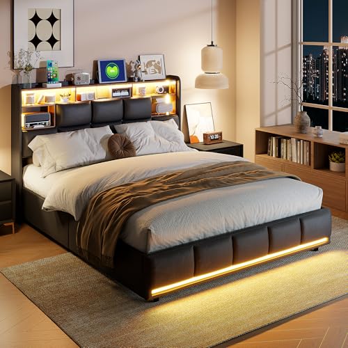 QLTXYHML Bettgestell mit LED Beleuchtung,Doppelbettgestell, 140 x 200 cm,Regalkopfteil mit Stauraum, Bettgestell mit Lattenrost, bequem, für Schlafzimmer, Gästezimmer, Kunstleder schwarz QLTXYHML Bettgestell mit LED Beleuchtung,Doppelbettgestell, 140 x 200 cm,Regalkopfteil mit Stauraum, Bettgestell mit Lattenrost, bequem, für Schlafzimmer, Gästezimmer, Kunstleder schwarz von QLTXYHML