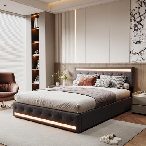QLTXYHML Bettkasten, 140 x 200 cm, aus dunkelgrauem Leinen, mit LED-Beleuchtung, RGB-Beleuchtung, USB-Anschlüssen, 4 Schubladen und gepolstertem Kopfteil (140 x 200 cm) von QLTXYHML