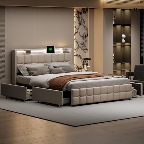 QLTXYHML Doppelbett(160x200cm, Heimbett, 4 Schubladen, mit Zwei aufladenden USB -Anschlüssen X2 und Jack X2, Bett mit LED,Leinengewebe Beige QLTXYHML Doppelbett(160x200cm, Heimbett, 4 Schubladen, mit Zwei aufladenden USB -Anschlüssen X2 und Jack X2, Bett mit LED,Leinengewebe Beige von QLTXYHML