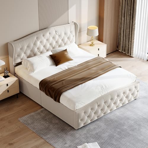 QLTXYHML Doppelbett, 140 x 200 cm, aus Leinen, beige, mit LED-Beleuchtung und USB-Anschlüssen, gepolstertes Kopfteil mit hydraulischer Aufbewahrung, modernes Design für Erwachsene und Jugendzimmer QLTXYHML Doppelbett, 140 x 200 cm, aus Leinen, beige, mit LED-Beleuchtung und USB-Anschlüssen, gepolstertes Kopfteil mit hydraulischer Aufbewahrung, modernes Design für Erwachsene und Jugendzimmer von QLTXYHML
