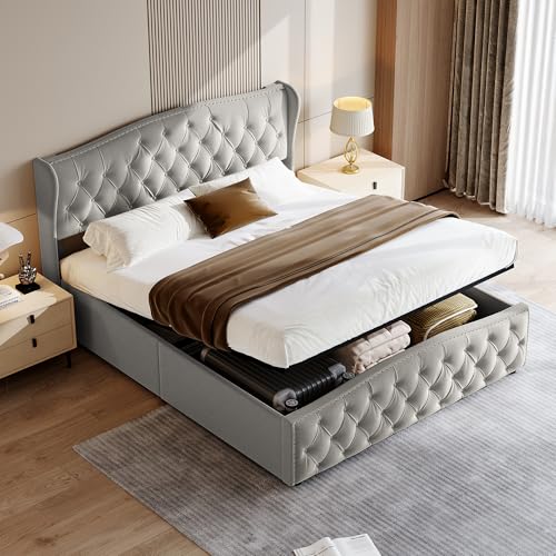 QLTXYHML Doppelbett, 140 x 200 cm, aus grauem Leinen, mit LED-Beleuchtung und USB-Anschlüssen, gepolstertes Kopfteil mit hydraulischer Aufbewahrung, modernes Design für Erwachsene und Jugendzimmer QLTXYHML Doppelbett, 140 x 200 cm, aus grauem Leinen, mit LED-Beleuchtung und USB-Anschlüssen, gepolstertes Kopfteil mit hydraulischer Aufbewahrung, modernes Design für Erwachsene und Jugendzimmer von QLTXYHML