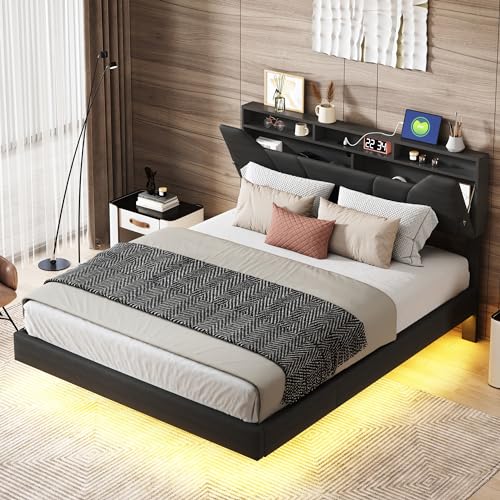 QLTXYHML Doppelbett, 140 x 200 cm, schwarz, mit hydraulischer Aufbewahrung, LED und gepolstertem Kopfteil (140 x 200 cm) von QLTXYHML