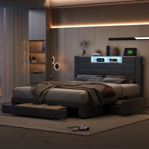 QLTXYHML Doppelbett 140x200 cm, Polsterbett mit LED-Beleuchtung und USB-Ladeanschlüssen, Kopfteil mit Stauraum und 4 Schubladen, Graues QLTXYHML Doppelbett 140x200 cm, Polsterbett mit LED-Beleuchtung und USB-Ladeanschlüssen, Kopfteil mit Stauraum und 4 Schubladen, Graues von QLTXYHML