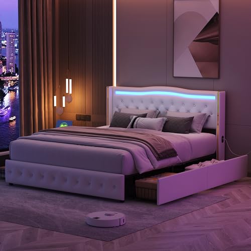 QLTXYHML Doppelbett 140x200cm,Polsterbett mit 4 Schubladen,USB-Anschluss und LED,Stauraumbett mit Lattenrost,Kopfteil mit Knopfleiste in Rautenform,Kunstleder von QLTXYHML