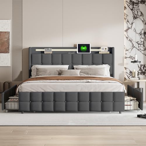 QLTXYHML Doppelbett 160x200cm, Heimbett, 4 Schubladen, mit Zwei aufladenden USB -Anschlüssen X2 und Jack X2, Bett mit LED,Leinengewebe grau QLTXYHML Doppelbett 160x200cm, Heimbett, 4 Schubladen, mit Zwei aufladenden USB -Anschlüssen X2 und Jack X2, Bett mit LED,Leinengewebe grau von QLTXYHML