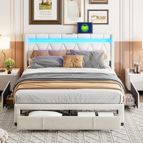 QLTXYHML Doppelbettgestell, Bettgestell 160 x 200 cm, passend für Matratze, LED, Metallbett, 4 Schubladen, Ladestation, beige von QLTXYHML