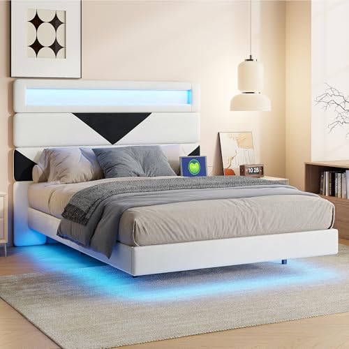 QLTXYHML Bett mit LED Beleuchtung, Polsterbett mit Stauraum, Bettrahmen mit verstellbarem Kopfteil,Bettgestell mit Ladestation, Schwebender Visueller Effekt,，Für Schlafzimmer, Gästezimmer,Samt von QLTXYHML