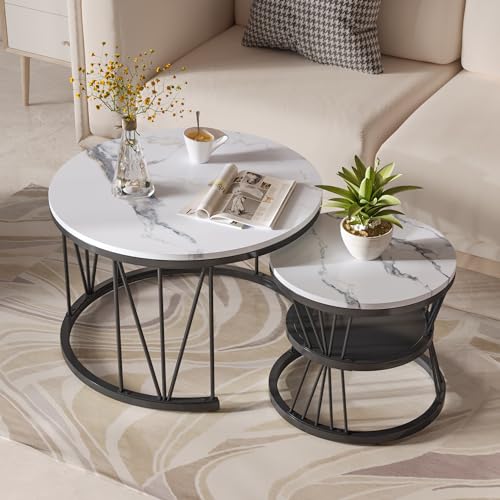 QLTXYHML Moderner runder Couchtisch -Set, runder Sofa -Tisch -Set, Tisch mit Metallrahmen und Marmorarbeitsplatte, Couchtisch für Wohnzimmer (schwarzer Rahmen + weiße Tischplatte) von QLTXYHML