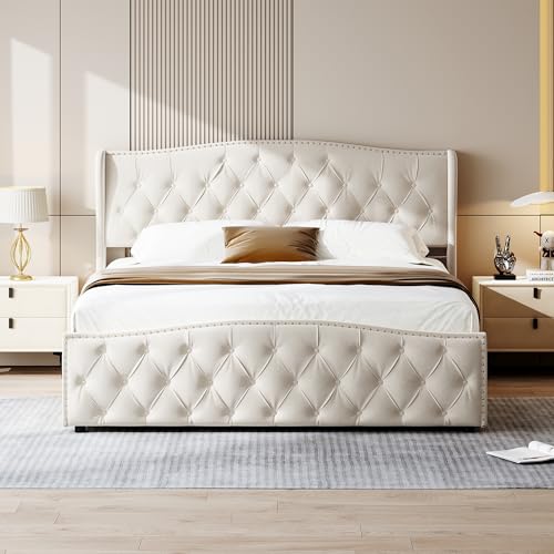 QLTXYHML Modernes Doppelbett, 160x200 cm, Samt -Stoffwellenbett, Welliges Schlafzimmerbett,Bett mit Stauraum, beige von QLTXYHML