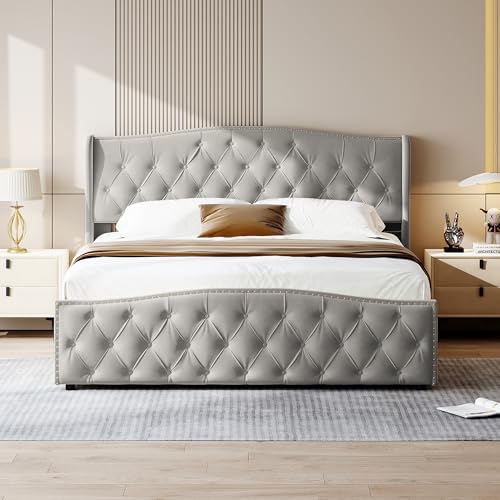 QLTXYHML Modernes Doppelbett, lit Double 140x200 cm, Samt -Stoffwellenbett, Welliges Schlafzimmerbett,Bett mit Stauraum, grau von QLTXYHML