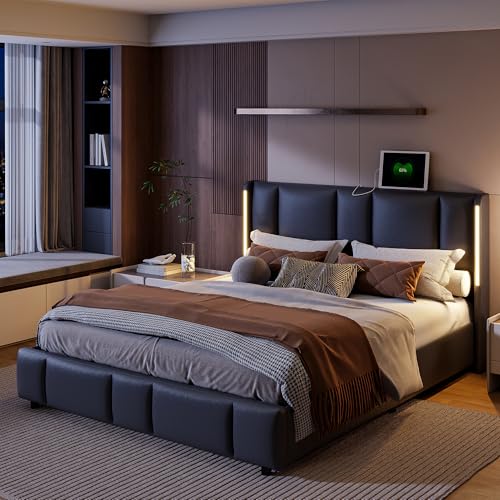 QLTXYHML Polsterbett 140×200,bettrahmen mit hydraulischem stauraum,Bettgestell mit LED-Beleuchtung, Ladestation,hohem Kopfteil, Kunstleder,modern (140x200cm) von QLTXYHML