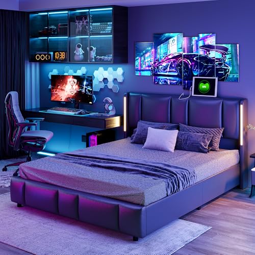 QLTXYHML Polsterbett 140×200,bettrahmen mit hydraulischem stauraum,Bettgestell mit LED-Beleuchtung, Ladestation,hohem Kopfteil, Kunstleder,modern (160x200cm) von QLTXYHML