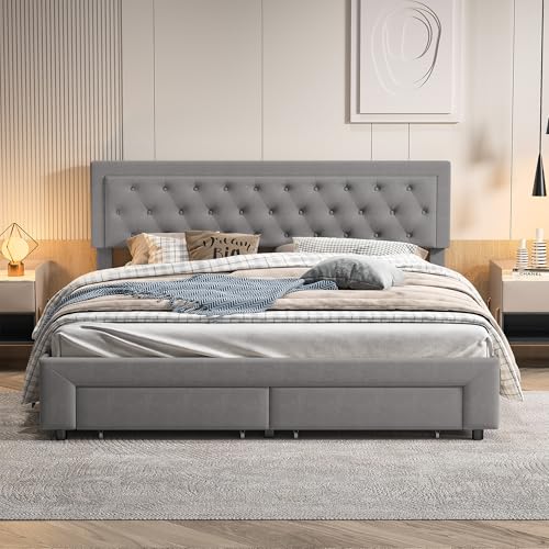 QLTXYHML Polsterbett 160x200 cm,Samt mit Stauraum und 2 Schublade,Kopfteil-Knopfdesign, für Schlafzimmer, Gästezimmer, Bettgestell Grau QLTXYHML Polsterbett 160x200 cm,Samt mit Stauraum und 2 Schublade,Kopfteil-Knopfdesign, für Schlafzimmer, Gästezimmer, Bettgestell Grau von QLTXYHML