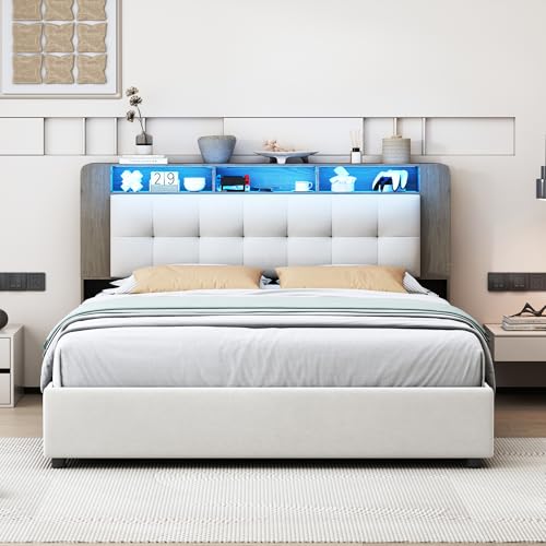 QLTXYHML Polsterbett 160x200cm, mit Stauraum Kopfteil,Doppelbettgestell mit Ladestation & LED-Beleuchtung,Modern Bettgestell Samt, Ohne Matratze,Cremeweiß (140x200cm) von QLTXYHML