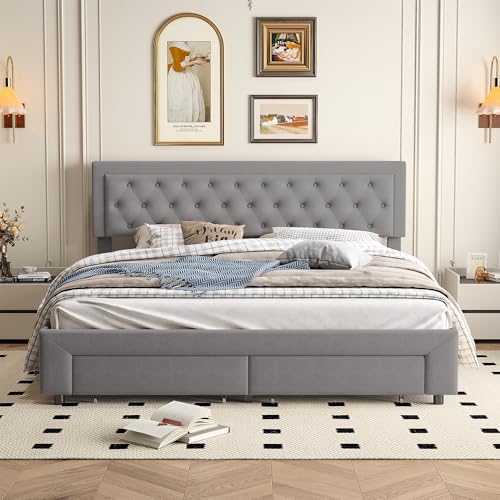 QLTXYHML Polsterbett 180x200 cm,Samt mit Stauraum und 2 Schublade,Kopfteil-Knopfdesign, Bett für Schlafzimmer, Gästezimmer, Bettgestell Grau QLTXYHML Polsterbett 180x200 cm,Samt mit Stauraum und 2 Schublade,Kopfteil-Knopfdesign, Bett für Schlafzimmer, Gästezimmer, Bettgestell Grau von QLTXYHML