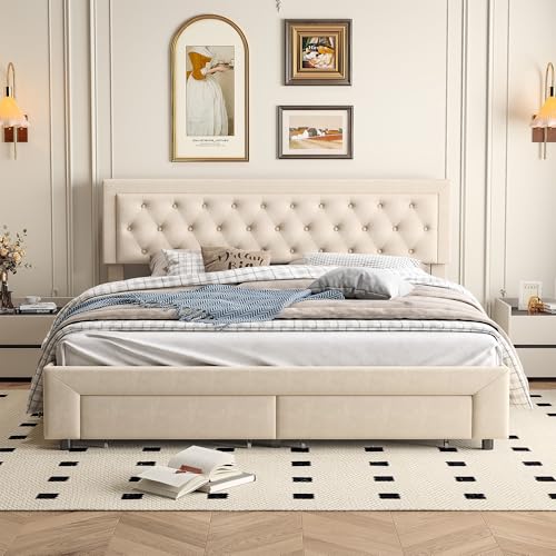 QLTXYHML Polsterbett 180x200 cm,Samt mit Stauraum und 2 Schublade,Kopfteil-Knopfdesign, für Schlafzimmer, Gästezimmer, Bettgestell beige QLTXYHML Polsterbett 180x200 cm,Samt mit Stauraum und 2 Schublade,Kopfteil-Knopfdesign, für Schlafzimmer, Gästezimmer, Bettgestell beige von QLTXYHML