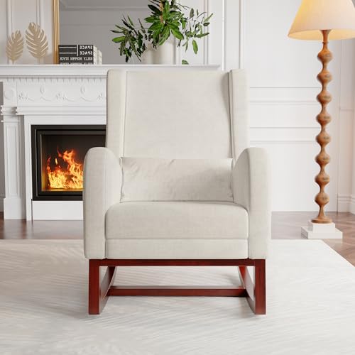 QLTXYHML Schaukelstuhl, schaukelsessel mit Anti-Rutsch-Aufklebern, still-schaukelstuhl mit Fußpolster und Taschen,geeignet für Wohnzimmer, Schlafzimmer, Büro, Lenin Grau/Weiß (beige) von QLTXYHML
