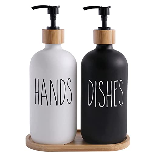 2er-Pack Glas-Seifenspender-Set, 473 ml Hand- und Spülseifenspender-Set mit Holztablett, nachfüllbarer Spender für Küchenspüle und Badezimmer (schwarz + weiß) von QLTYTUI