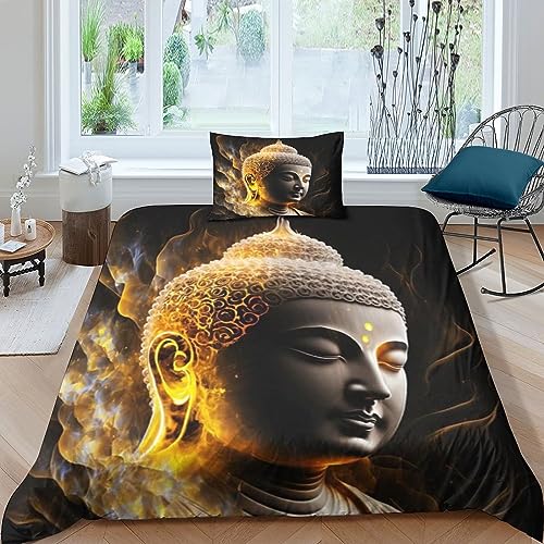 Buddha Bettbezug-Set, 3D Bettwäsche-Set Bettbezug Mit Reißverschluss, Superfeine Faser, Geschenk-Bettbezug (Single（135x200cm）) von QLasic